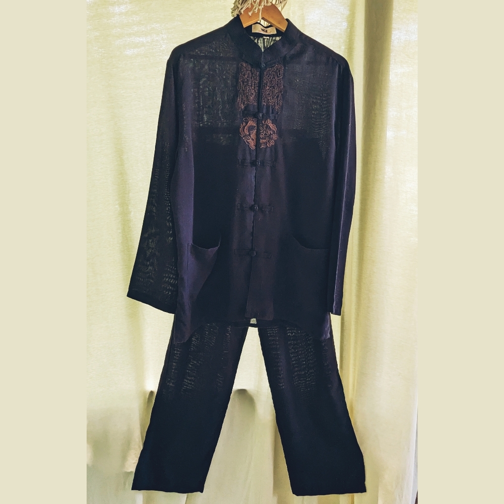 Asian Embroidered Lightweight Lounge PJ Casual Set, Mandarin Collar